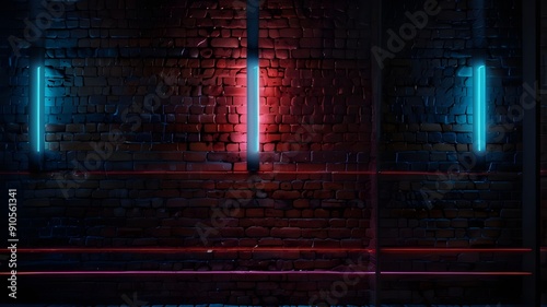 neon lights on unplastered brick walls for background and texture. Red and blue neon background lighting effect photo