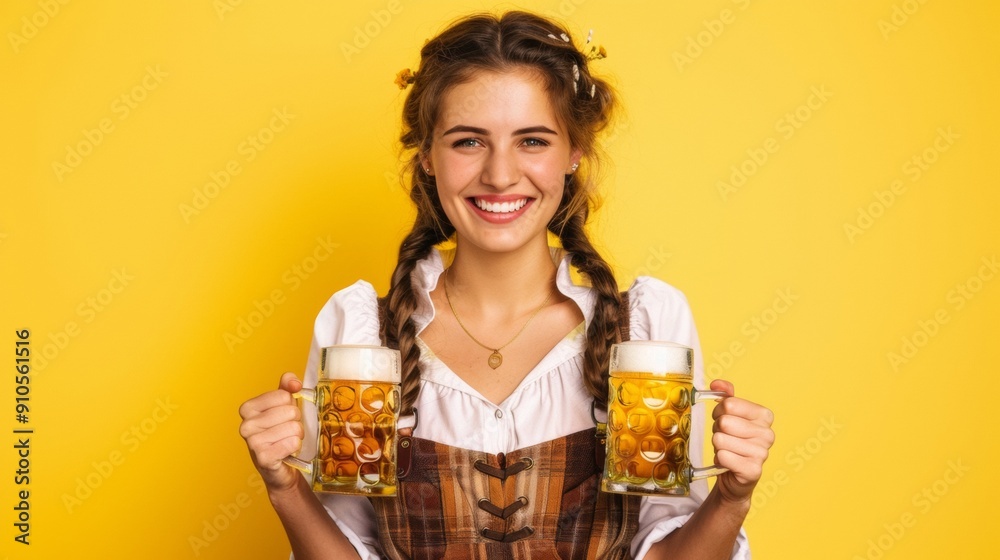 Beautiful GERMAN woman holding 2 glasses of BEER on yellow background. Oktoberfest concept Beautiful GERMAN woman holding 2 glasses of BEER on yellow background. Oktoberfest concept