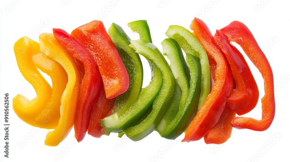 A mix of sliced red, green, and yellow bell peppers, each slice showing vibrant color and fresh edges. Isolated on a white background A mix of sliced red, green, and yellow bell peppers, each slice showing vibrant color and fresh edges. Isolated on a white background
