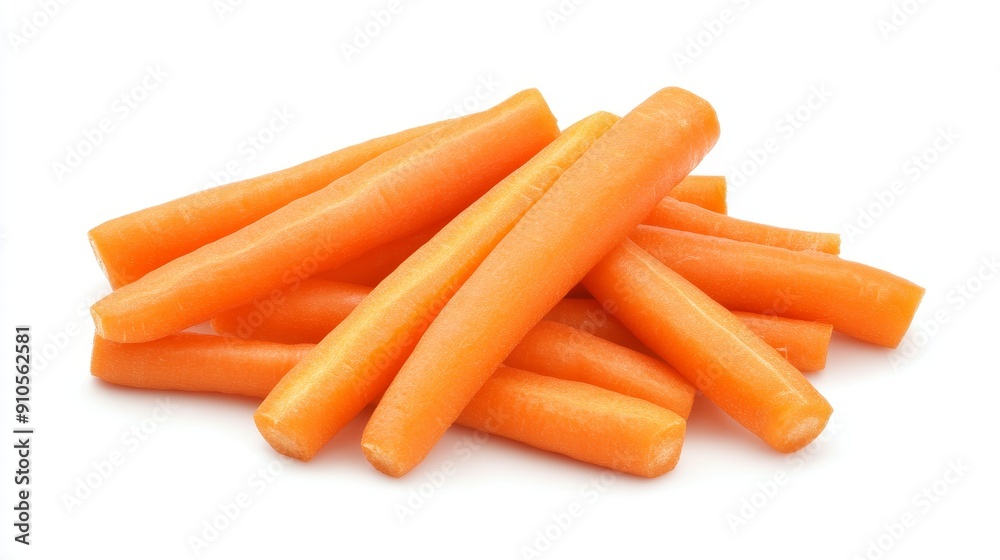 A pile of fresh carrot sticks, showcasing their crisp texture and vivid hue. Perfectly isolated against a white background A pile of fresh carrot sticks, showcasing their crisp texture and vivid hue. Perfectly isolated against a white background