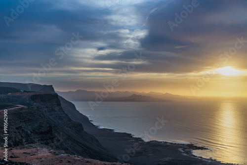 Sunset over the landscape around Mirador del Rio on the island of Lanzarote, Canary Islands