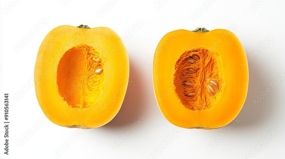 A whole butternut squash cut in half, showing both the seed cavity and the dense, vibrant orange flesh. Isolated on white for a clean, fresh look A whole butternut squash cut in half, showing both the seed cavity and the dense, vibrant orange flesh. Isolated on white for a clean, fresh look