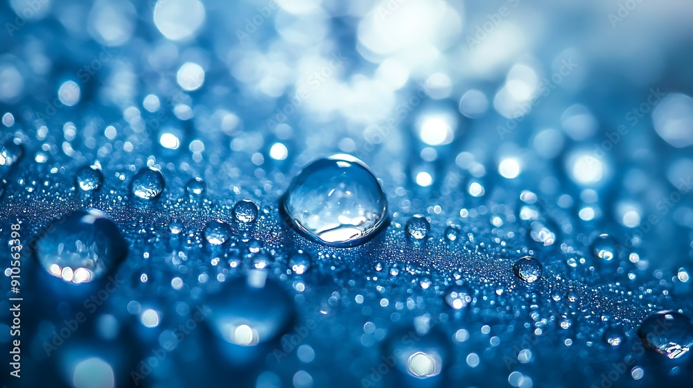  Close-up view of water droplets on a blue background 