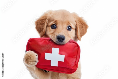 Cute portrait of Labrador Retriever puppy with red first aid kit in teeth isolated on white background. Dog holding emergency aid set in mouth