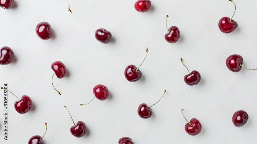 A minimalist composition of fresh cherries and halves, emphasizing the rich red hues and glossy texture on a white backdrop A minimalist composition of fresh cherries and halves, emphasizing the rich red hues and glossy texture on a white backdrop