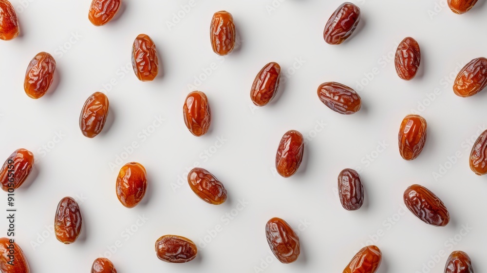A minimalist layout of fresh date fruits, some cut into halves and slices. The glossy texture and rich tones contrast sharply with the white background A minimalist layout of fresh date fruits, some cut into halves and slices. The glossy texture and rich tones contrast sharply with the white background