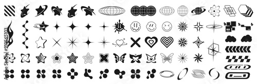 Retrofuturistic icons, y2k elements set. Brutalism elements and retro neo modern 00s. Postmodern geometric shapes and futuristic icons, brutalism elements. Trendy artistic shapes. Y2K graphic box.