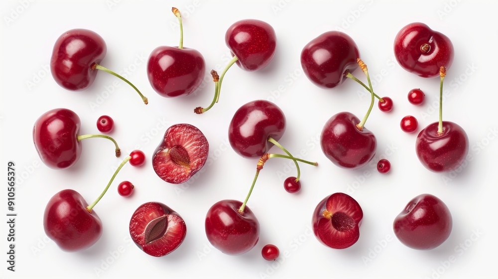 A mix of whole cherries, halved cherries, and thin slices, meticulously arranged on a white background. Focus on the fresh and juicy appearance A mix of whole cherries, halved cherries, and thin slices, meticulously arranged on a white background. Focus on the fresh and juicy appearance