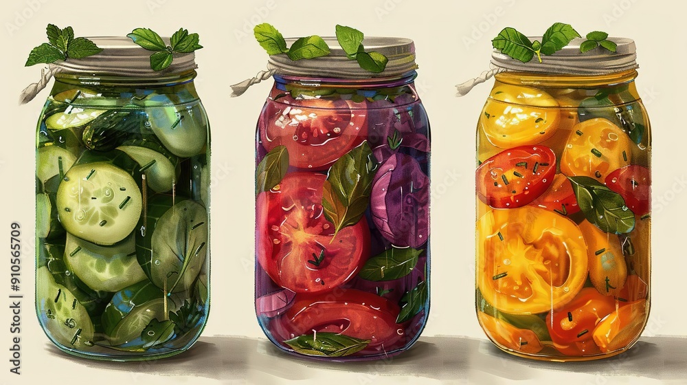 Illustration of Three Jars of Pickled Vegetables Illustration of Three Jars of Pickled Vegetables