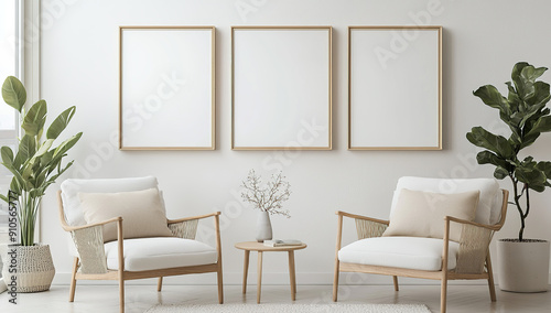 large thick plain wooden picture frames hanging on an empty white...