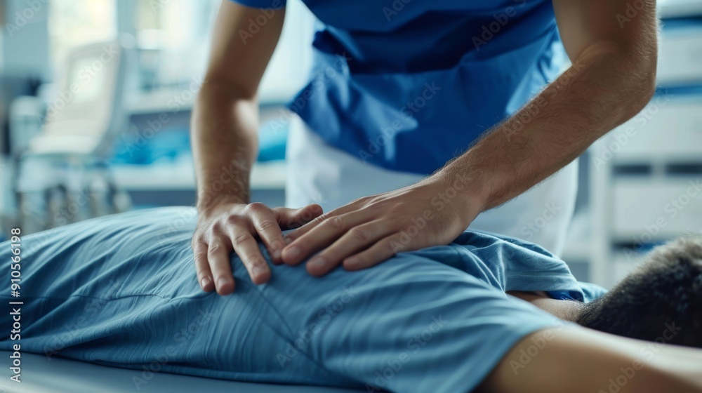 A male athlete is receiving a back sports massage in a clinic setting A male athlete is receiving a back sports massage in a clinic setting