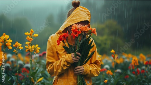 person in a field of flowers, woman holding bouquet of flowers  in the flower field
