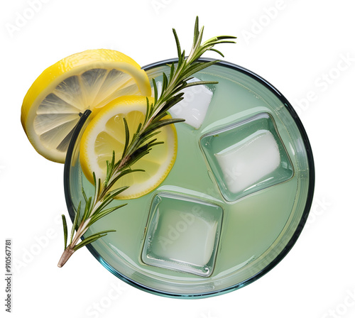 Refreshing lemonade with ice cubes and a sprig of rosemary isolated on transparent background.