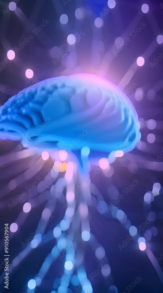 A glowing brain with neon blue neural pathways, set against a dark, starry sky A glowing brain with neon blue neural pathways, set against a dark, starry sky