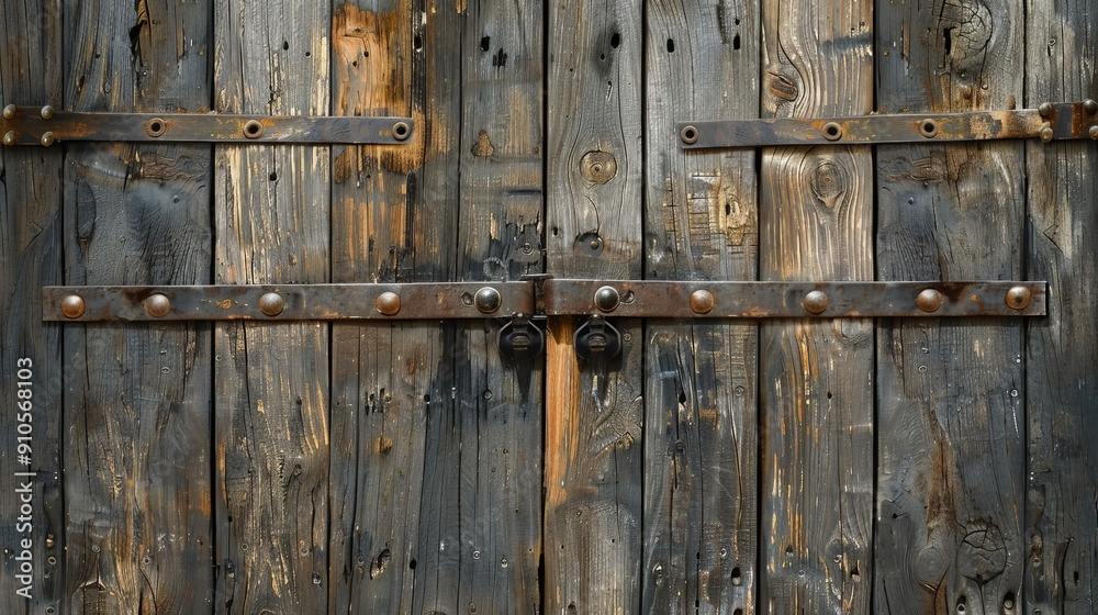 Close-up of a weathered wooden barn door with iron hinges, isolated against a plain background, ideal for advertisements with space for text Close-up of a weathered wooden barn door with iron hinges, isolated against a plain background, ideal for advertisements with space for text
