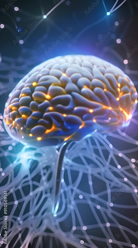 A glowing brain with neon blue neural pathways, set against a dark, starry sky A glowing brain with neon blue neural pathways, set against a dark, starry sky