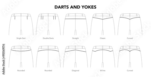 Set of Pants Darts and Yokes details - Single Double Dart, Straight styles technical fashion illustration. Flat apparel template back view. Women, men unisex CAD mockup isolated on white background