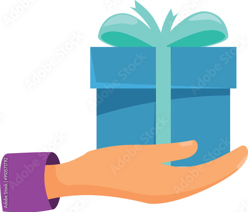 Hand holding a blue gift box with a green ribbon, perfect for representing giving and receiving presents
