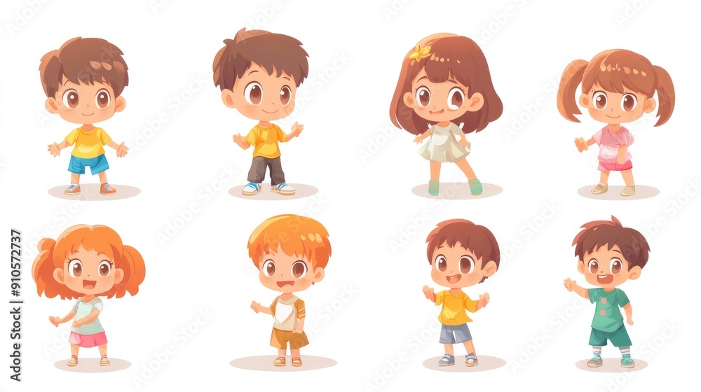 Adorable anime kids, boy and girl, in various poses, ideal for design assets and stickers Adorable anime kids, boy and girl, in various poses, ideal for design assets and stickers