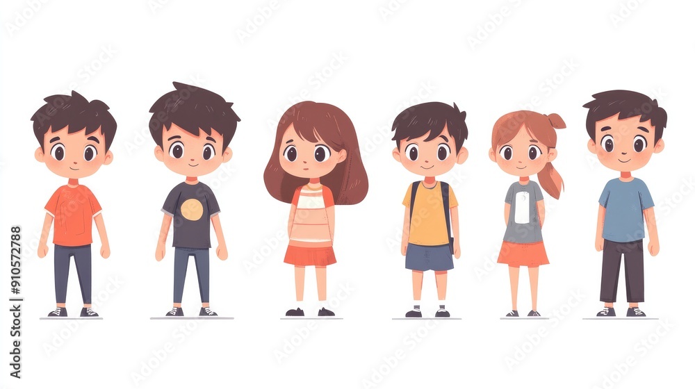 Collection of adorable anime kids, boy and girl, for design assets and copy space