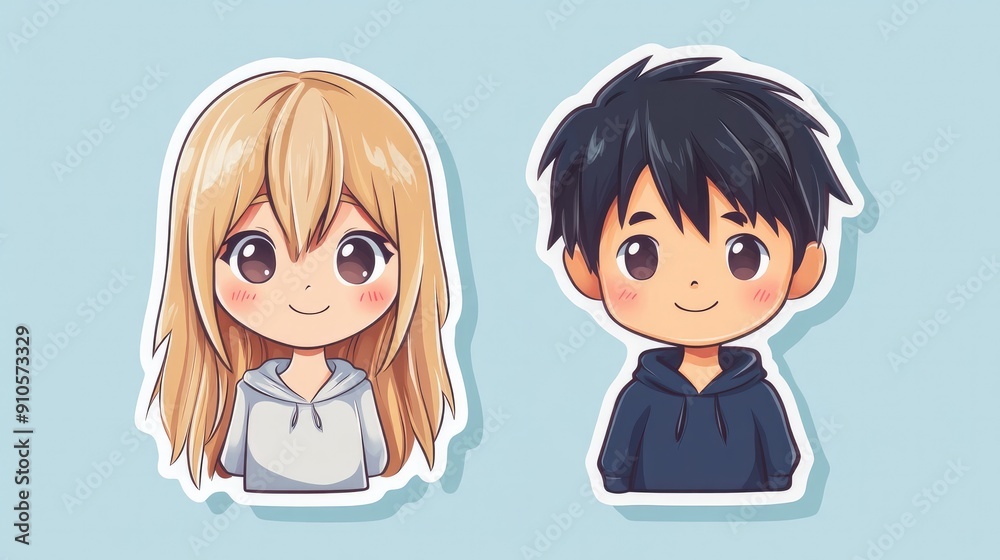 Cute anime boy and girl stickers, isolated, perfect for design assets and copy space
