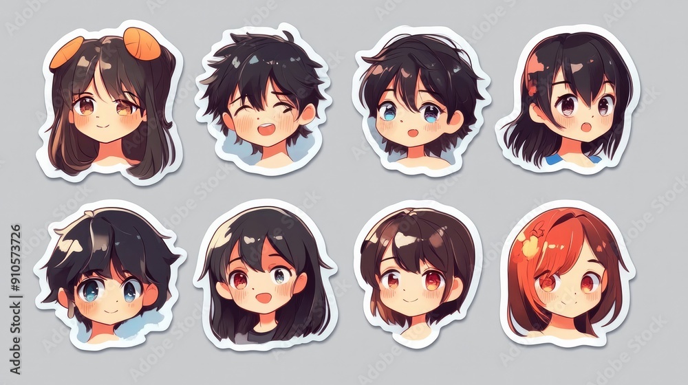 Set of anime boy and girl stickers, isolated for design assets and creative projects