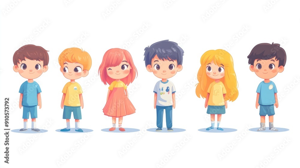 Set of cute anime kids, boy and girl, in various poses for design assets Set of cute anime kids, boy and girl, in various poses for design assets