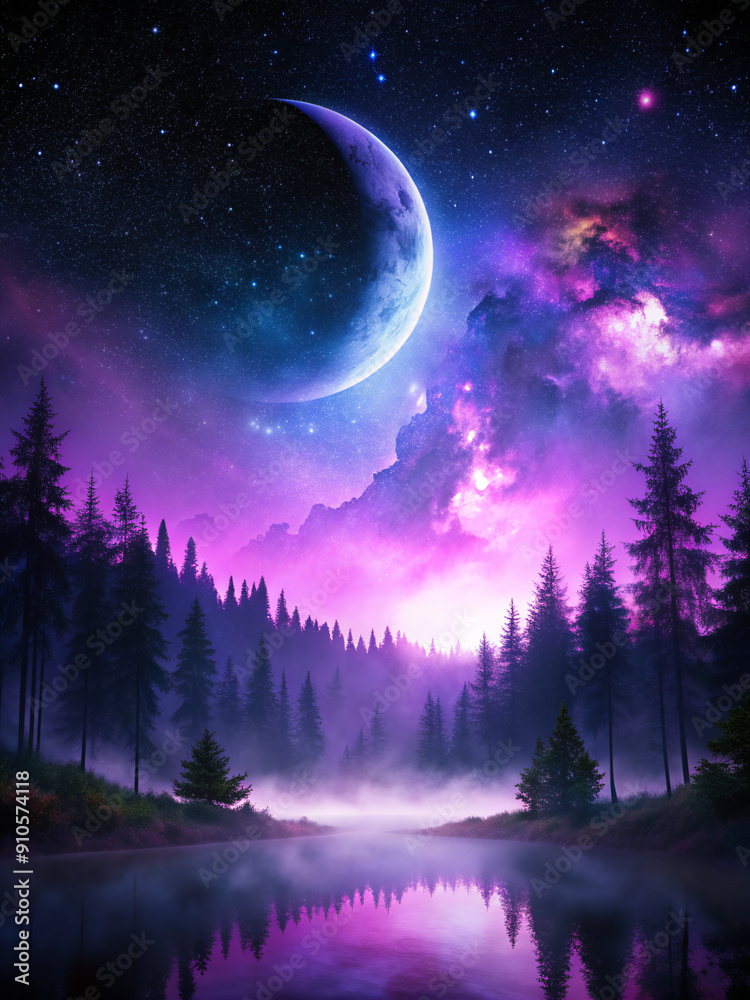 Fototapeta premium night sky and moon, stars, star, landscape, tree, nature, space, dark, blue, winter, light, christmas, vector, forest, illustration