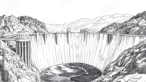 Hand-drawn illustration of the Hoover Dam, evoking travel and engineering marvels.
