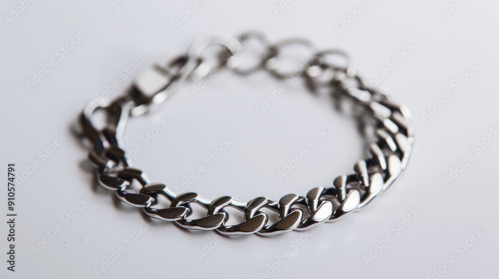Obraz premium Heavy chain bracelet lies flat on a white surface, capturing the light from above