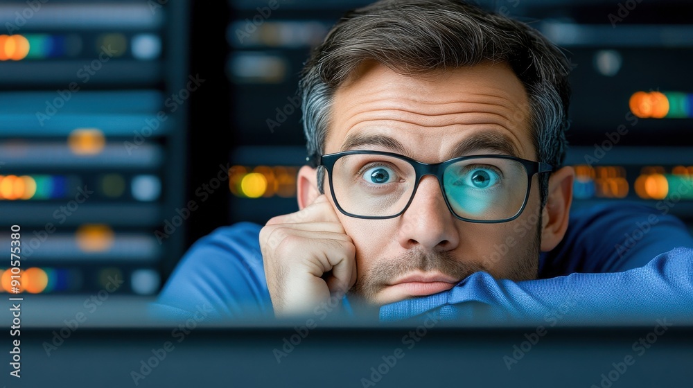 Worried IT Specialist Staring at Server Racks Worried IT Specialist Staring at Server Racks