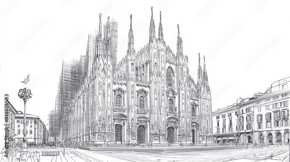 Fototapeta premium Line art of the Milan Cathedral, featuring intricate sketch details and travel inspiration.