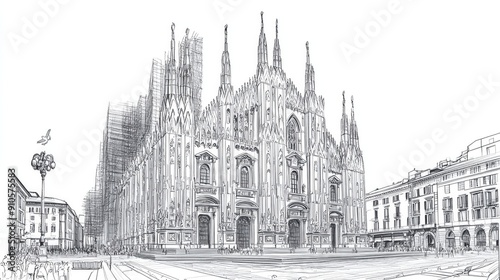 Line art of the Milan Cathedral, featuring intricate sketch details and travel inspiration.