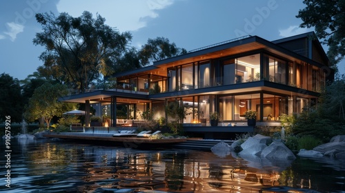 3d rendering of modern house by the river at morning, house, luxury, villa, modern, architecture, building, exterior, residential, property, designer