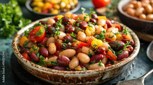 Close-up of a Bowl of Bean Salad with Red Beans, White Beans, Corn, Tomatoes, and Parsley - Food Photography