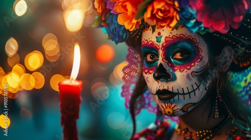 Woman with painted face of the holy death and with decoration of the Day of the Dead in Mexico carrying a lit candle