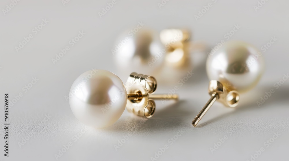 Pair of elegant golden pearl earrings is lying on a white background, showing their beauty and simplicity Pair of elegant golden pearl earrings is lying on a white background, showing their beauty and simplicity