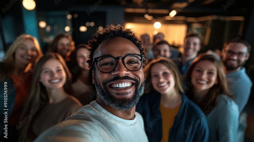 Joyous group of diverse professionals capturing a selfie moment in a modern office, bonds of camaraderie visible in their beaming smiles.emphasizing unity, teamwork, and a positive work environment Joyous group of diverse professionals capturing a selfie moment in a modern office, bonds of camaraderie visible in their beaming smiles.emphasizing unity, teamwork, and a positive work environment
