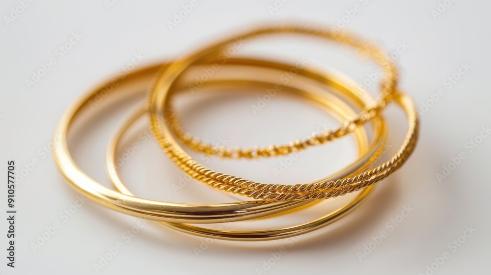 Three golden bracelets, featuring different styles and textures, intertwined on a white background Three golden bracelets, featuring different styles and textures, intertwined on a white background