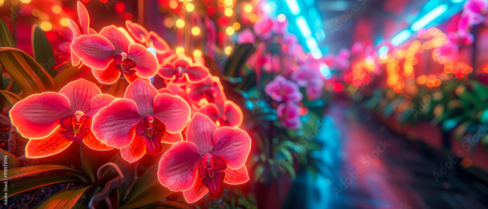 Orchid Blooms Illuminated By Neon Lights Orchid Blooms Illuminated By Neon Lights