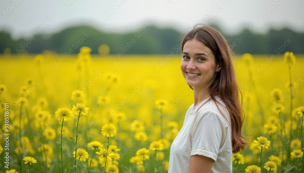 Woman Smiling in a Field of Yellow Flowers. Woman Smiling in a Field of Yellow Flowers.