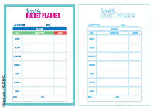 An Illustration of Monthly Budget Planner Templates in cmyk mode. Ready to print. This image showcases budget planner templates to help individuals organize their finances by categorizing incomes