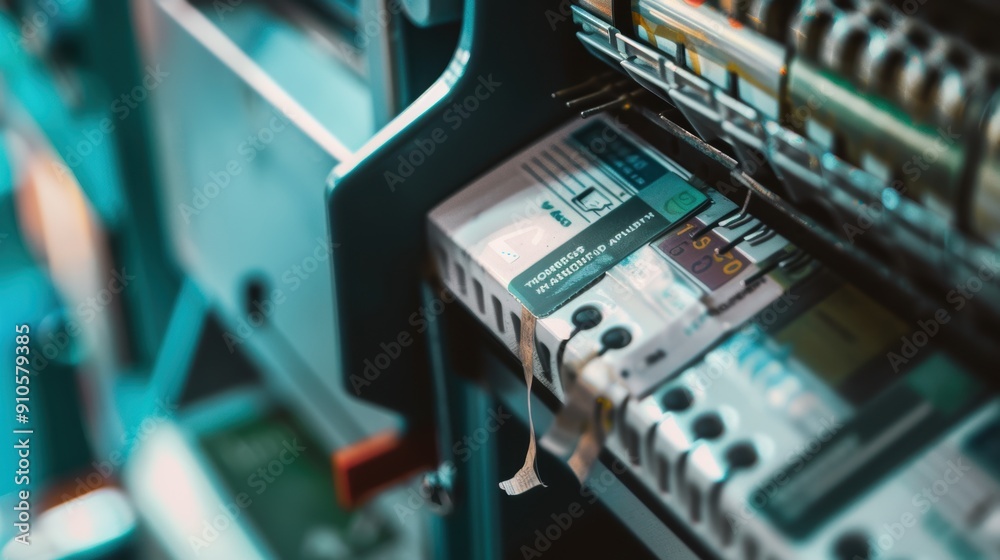 Production line in a factory has a printing machine applying price tags to products Production line in a factory has a printing machine applying price tags to products