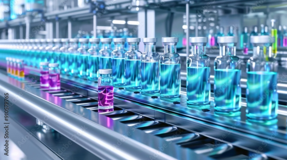 Drug manufacturing process. Conveyor with medical ampoules line at a modern pharmaceutical plant Drug manufacturing process. Conveyor with medical ampoules line at a modern pharmaceutical plant