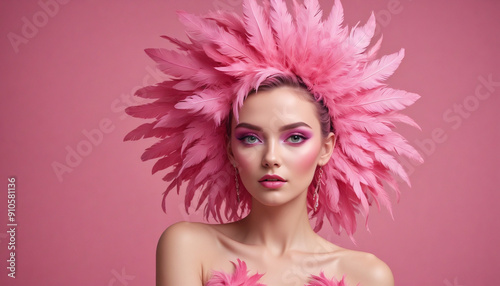 A woman with vibrant pink makeup and feathers in her hair against a pink background. Concept of beauty, fashion, and creativity created with Generative AI photo