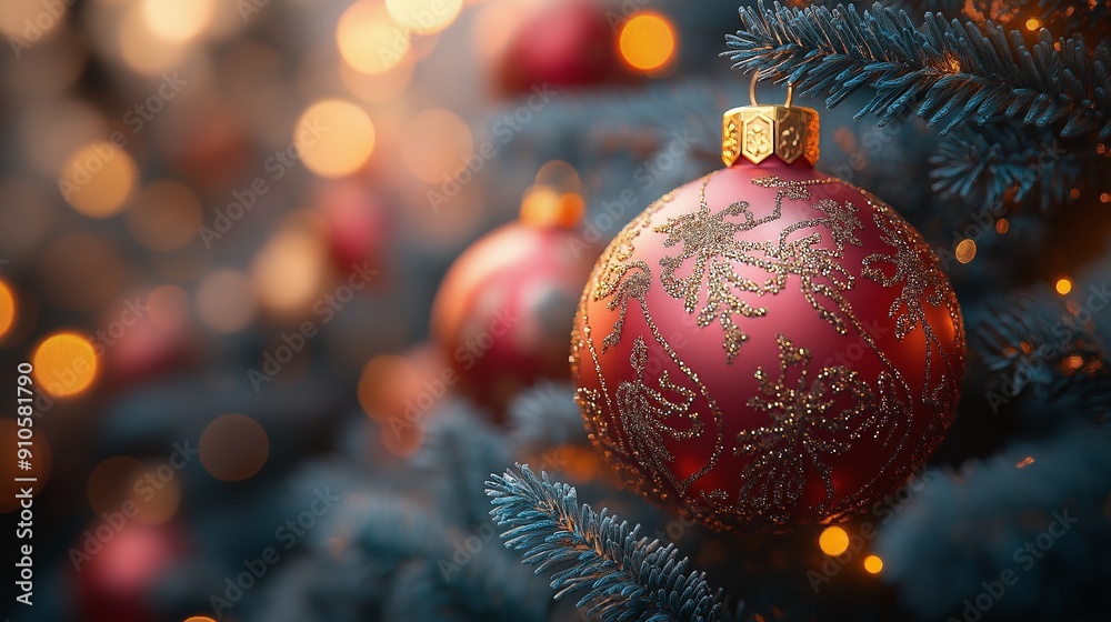 Elegant Red and Gold Christmas Ornament on Tree, Perfect for Holiday Greeting Cards and Seasonal Promotions