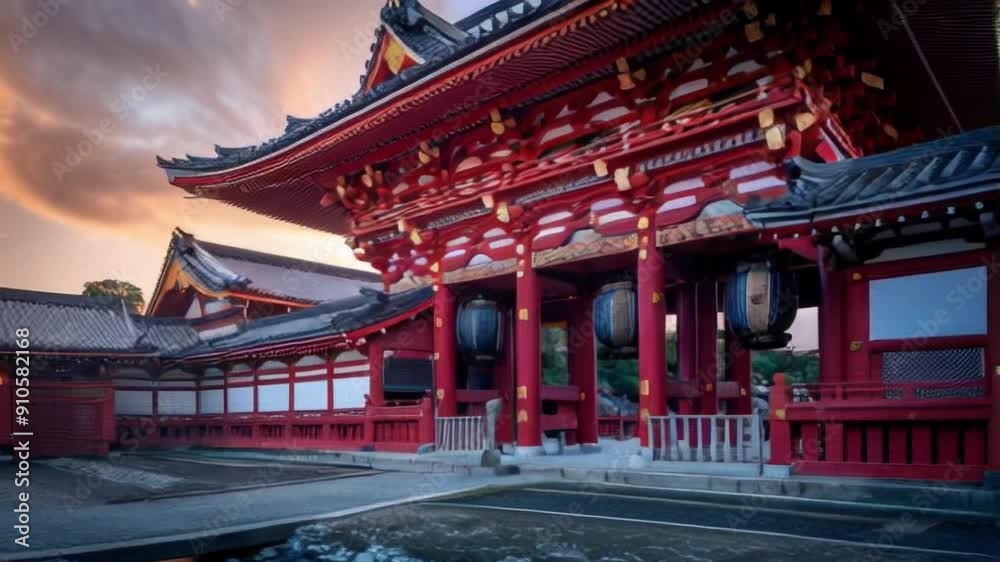 A high-res image of a traditional Japanese temple. It has bright red and gold decorations, detailed carvings and a stream. The sky is a mix of soft oranges and purples. A high-res image of a traditional Japanese temple. It has bright red and gold decorations, detailed carvings and a stream. The sky is a mix of soft oranges and purples.