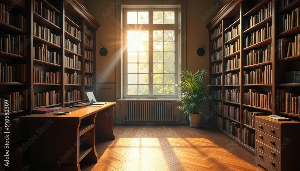 Sunlit Library Interior. Sunlit Library Interior.