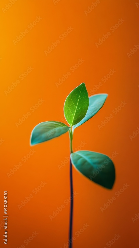 Young green plant on orange background, vibrant Young green plant on orange background, vibrant