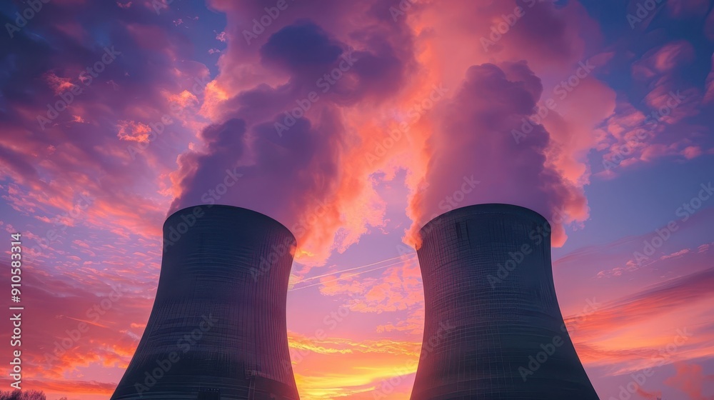 A pair of cooling towers at a nuclear facility, steam rising into the ...